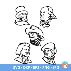 Może przedstawiać: Czarno-białe ilustracje wektorowe pięciu postaci historycznych. Obrazy przedstawiają Abrahama Lincolna w kapeluszu, Thomasa Jeffersona, Theodore'a Roosevelta w kapeluszu kowbojskim i dwie inne postacie historyczne. Na dole obrazu znajduje się tekst "SVG • DXF • EPS • PNG • JPG".