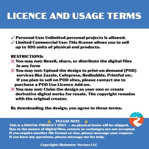 May include: A blue and white graphic with the text "LICENCE AND USAGE TERMS." The text details personal and limited commercial use, with restrictions on resale and POD services. The bottom states "DIGITAL PRODUCT ONLY" and copyright information.