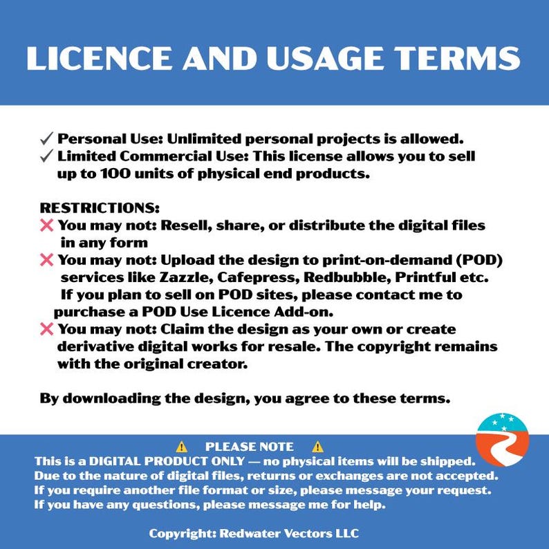 May include: A blue and white graphic with the text "LICENCE AND USAGE TERMS." The text details personal and limited commercial use, with restrictions on resale and POD services. The bottom states "DIGITAL PRODUCT ONLY" and copyright information.