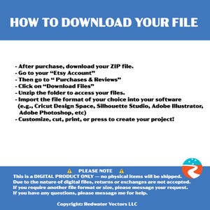 May include: A blue and white graphic with the text "HOW TO DOWNLOAD YOUR FILE" at the top. Instructions are listed below on how to download a digital file after purchase, including how to unzip the file and import it into software.