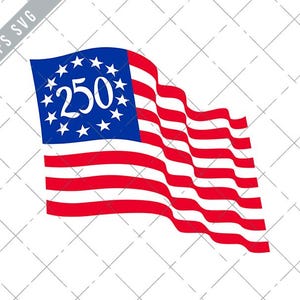 May include: A stylized American flag design with red and white stripes and a blue canton featuring white stars and the number 250. The flag is waving, suggesting movement and celebration. The image is a vector graphic.