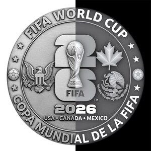 May include: A silver-colored commemorative coin for the 2026 FIFA World Cup. The coin features the FIFA trophy, the year 2026, and the flags of the USA, Canada, and Mexico. The coin also includes the text "FIFA World Cup" and "Copa Mundial de la FIFA".