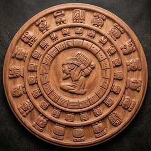 May include: A circular wooden wall plaque featuring intricate relief carvings of Mayan calendar symbols. The center depicts a seated figure in profile, surrounded by concentric rings of glyphs and detailed iconography carved into the natural wood grain.