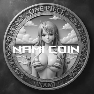 May include: A monochrome coin with a design from the anime One Piece. The coin is inscribed with "ONE PIECE" at the top and "NAMI COIN" in the centre. The image features a woman in a bikini, with "NAMI" at the bottom.