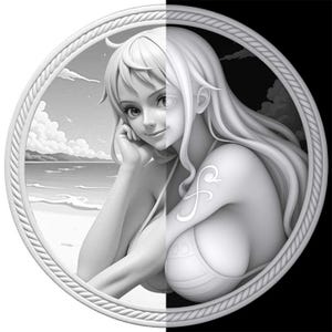 May include: Monochrome illustration of a woman in a bikini, set within a circular frame. The woman has long flowing hair and a tattoo on her shoulder. The background is split, with a beach scene on one side and a black background on the other.