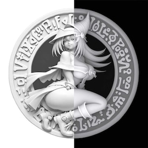 May include: A grayscale 3D-rendered figurine of a female anime character. The character is kneeling, wearing a hat, cape, and boots, and is set within a circular frame with stylized text. The background is split, with one side white and the other black.