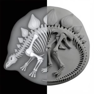 May include: A grayscale illustration of a Stegosaurus fossil. The image is split vertically, with the left side showing the skeleton in white against a black background, and the right side showing a gray model against a white background.