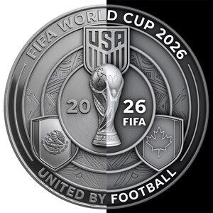 May include: A silver-colored commemorative coin for the FIFA World Cup 2026. The coin features the FIFA World Cup trophy, the USA emblem, and the flags of Mexico and Canada. The text "FIFA WORLD CUP 2026" and "UNITED BY FOOTBALL" are also visible.