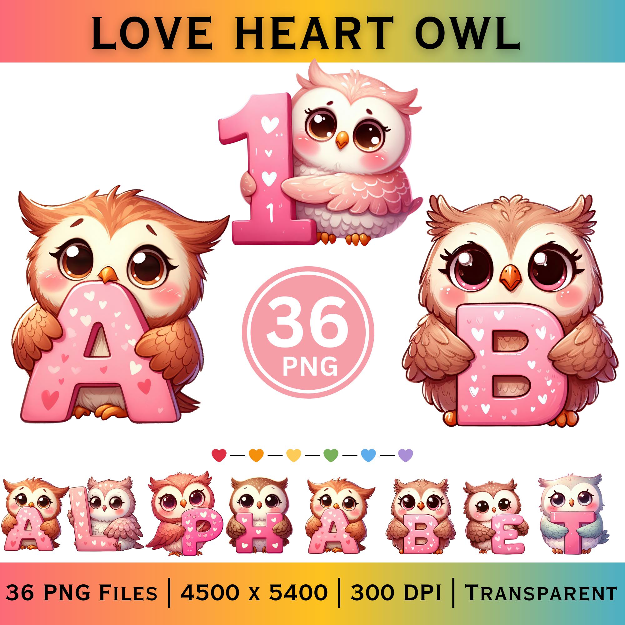 Valentine Owl Alphabet & Numbers PNG A&ndash;Z 0&ndash;9 Heart Letter Set