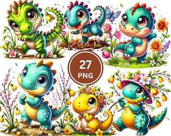 Spring dino png pastel clipart, baby dinosaur png nursery art