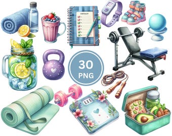 Watercolor Fitness Clipart Bundle | Workout & Gym Wellness PNG for Planners, Sublimation