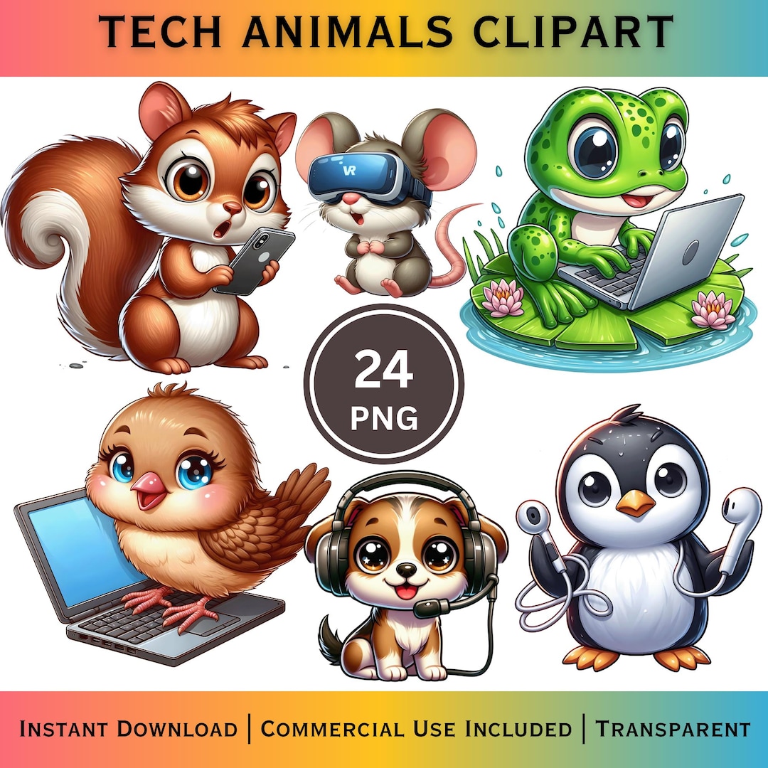 Tech Animals Clipart Bundle, Cartoon Coding PNG Graphics (digital ...