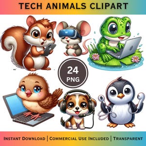 Puede incluir: Ilustración digital de animales con temática tecnológica, incluyendo una ardilla con un teléfono, un ratón con gafas de realidad virtual, una rana con un portátil, un pájaro con un portátil, un cachorro con auriculares y un pingüino con auriculares. El texto "TECH ANIMALS CLIPART".