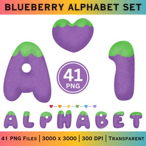 May include: A digital alphabet set with a blueberry theme. The letters are purple with green tops, and the word "ALPHABET" is displayed. The image includes a heart shape and a circle with "41 PNG" inside. The text "BLUEBERRY ALPHABET SET" is at the top.