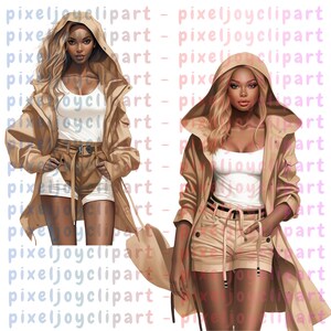 High resolution black woman PNG featuring a trendy fashion girl in neutral nude tones with a luxury streetwear inspired look. Perfect for planners, stickers, boutique logos, lifestyle graphics, and fashion marketing projects. The soft beige palette creates a clean and stylish modern appearance.