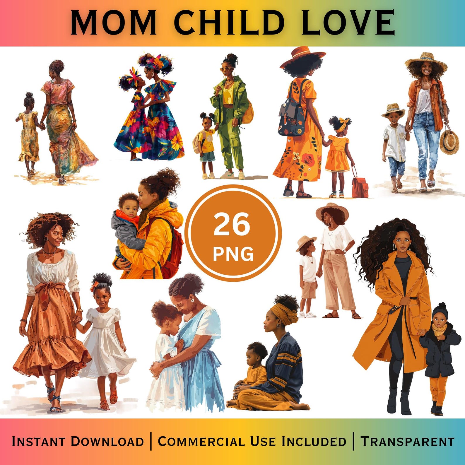 African American Mom and Child Clipart Bundle Black Mother Son Daughter ...