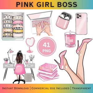 Girl Boss Clipart PNG | Pink Boss Lady Office Accessories for Feminine Workspace