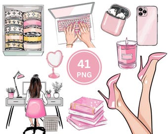 Pode incluir: Ilustração digital com tema rosa, com laptop, saltos altos, telefone e outros acessórios. O texto "PINK GIRL BOSS" está no topo. A imagem também inclui o texto "41 PNG".