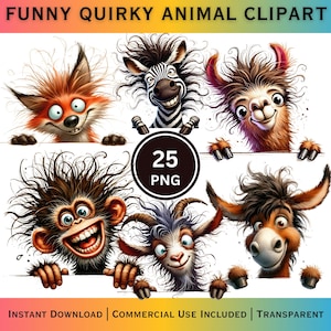 Könnte beinhalten: Eine Sammlung von sechs lustigen, skurrilen Tier-Cliparts. Die Tiere sind ein Fuchs, ein Zebra, ein Lama, ein Affe, eine Ziege und ein Esel. Der Text oben lautet "FUNNY QUIRKY ANIMAL CLIPART". Das Bild enthält auch den Text "25 PNG", "INSTANT DOWNLOAD", "COMMERCIAL USE INCLUDED" und "TRANSPARENT".