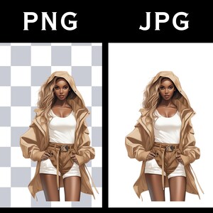 Modern black female clipart with chic neutral fashion styling, long blonde hair, and a fashionable beige coat outfit. This luxury girl PNG works beautifully for boutique branding, fashion mood boards, digital planners, and beauty business graphics. The clean minimalist tones add a classy and upscale look.