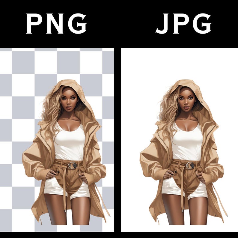 Modern black female clipart with chic neutral fashion styling, long blonde hair, and a fashionable beige coat outfit. This luxury girl PNG works beautifully for boutique branding, fashion mood boards, digital planners, and beauty business graphics. The clean minimalist tones add a classy and upscale look.