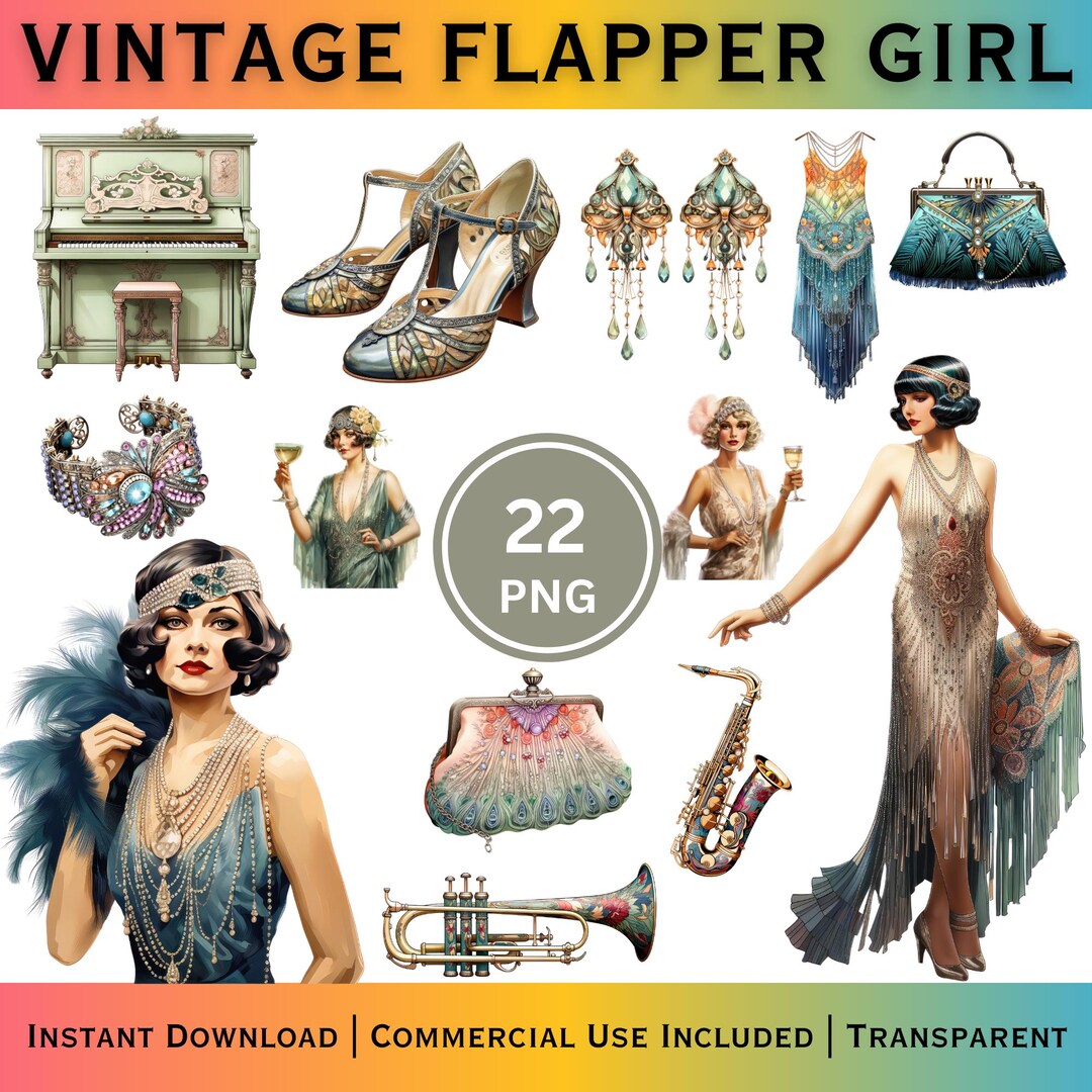 Vintage Flapper Girl Watercolor Clipart 1920s Art Deco Fashion PNG ...