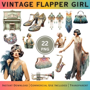 May include: A digital art collection featuring vintage flapper girl illustrations. The image includes a piano, shoes, earrings, dresses, a purse, a bracelet, and musical instruments. The text reads "VINTAGE FLAPPER GIRL", "22 PNG", "INSTANT DOWNLOAD | COMMERCIAL USE INCLUDED | TRANSPARENT".
