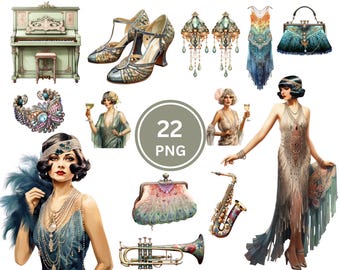 Puede incluir: Colección de arte digital con ilustraciones de chicas flapper vintage. La imagen incluye un piano, zapatos, pendientes, vestidos, un bolso, una pulsera e instrumentos musicales. El texto dice "VINTAGE FLAPPER GIRL", "22 PNG", "INSTANT DOWNLOAD | COMMERCIAL USE INCLUDED | TRANSPARENT".