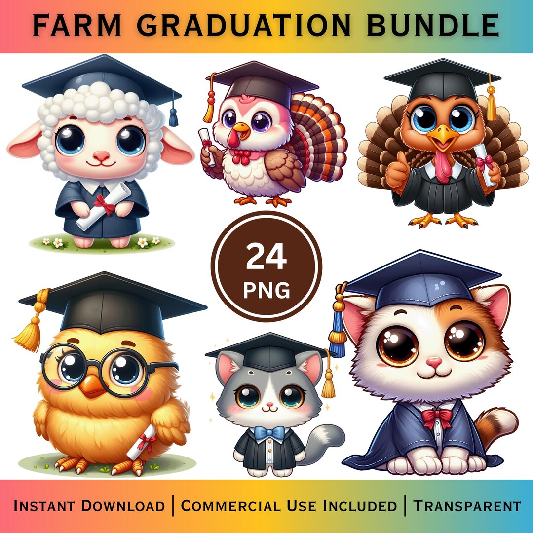 Farm Graduation Animals Clipart Bundle, Cartoon Pngs (instant Download ...
