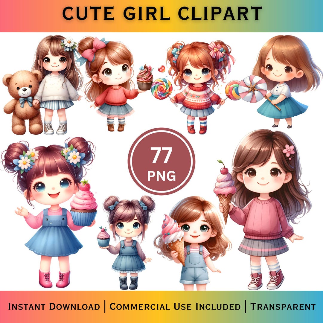 Kawaii Girl PNG Clipart Bundle, Pastel Kids, Digital Stickers - Etsy