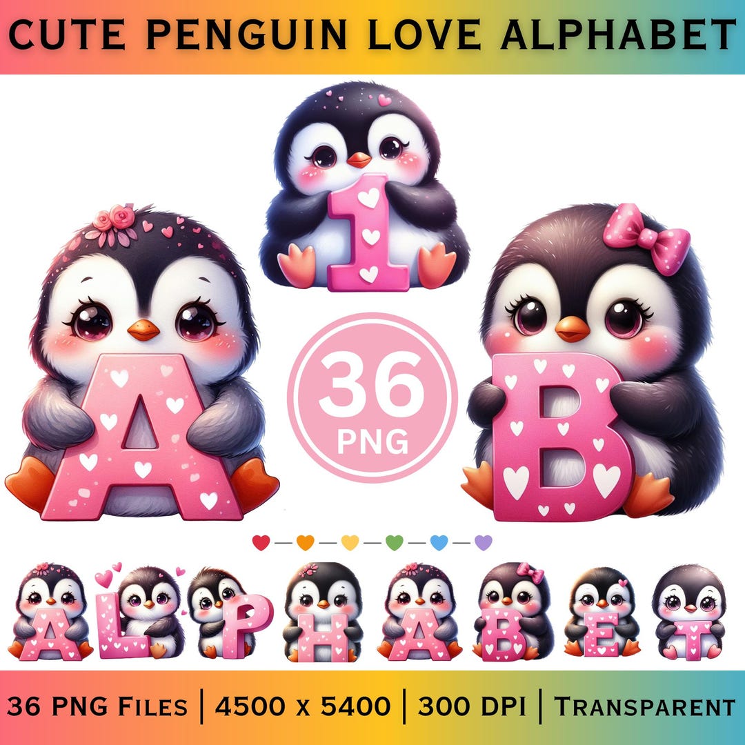 Penguin Alphabet Numbers PNG Bundle, Valentine Crafts, Nursery Decor ...