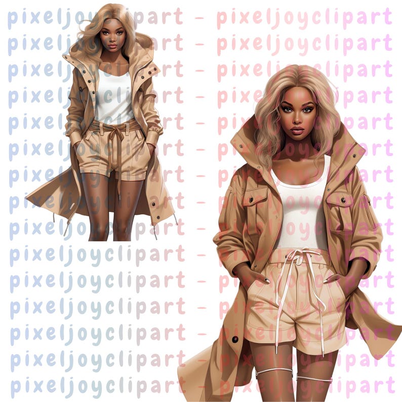 Chic black female clipart with modern fashion illustration styling, featuring a beige hooded coat and luxury neutral outfit. This elegant girl PNG is perfect for beauty branding, digital invitations, apparel graphics, and contemporary wall art. The polished design gives a classy and feminine visual appeal.