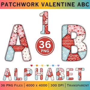 May include: A patchwork alphabet set with letters A, B, and the number 1, featuring red, pink, and blue heart patterns. A red circle with "36 PNG" is also included. The word "ALPHABET" is displayed below.