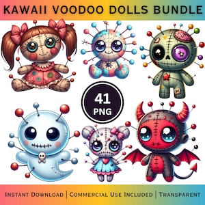 Puede incluir: Un conjunto de seis muñecos vudú Kawaii en varios colores y diseños. Cada muñeco tiene ojos grandes, detalles cosidos y alfileres. La imagen incluye el texto "KAWAII VOODOO DOLLS BUNDLE" y "41 PNG".