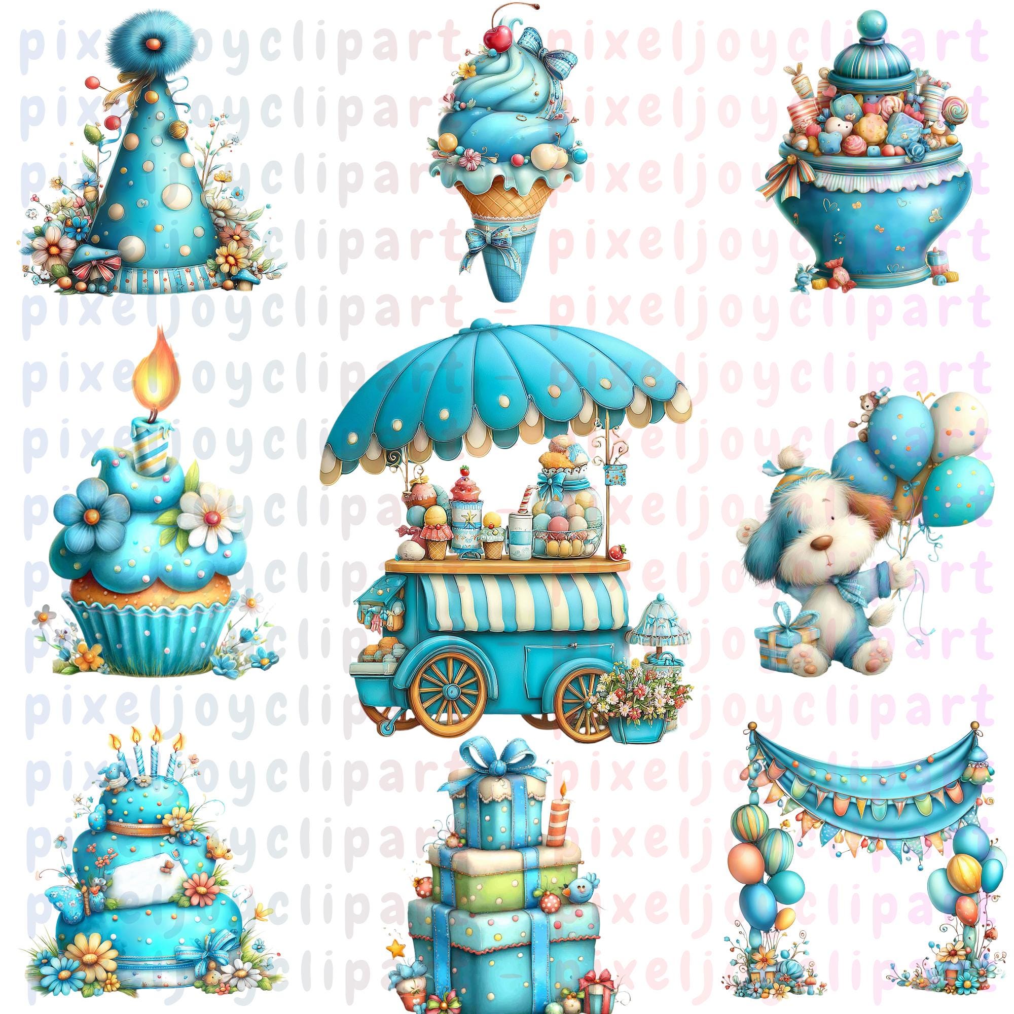 Birthday Clipart PNG Bundle | Whimsical Watercolor Party Set With Cakes ...