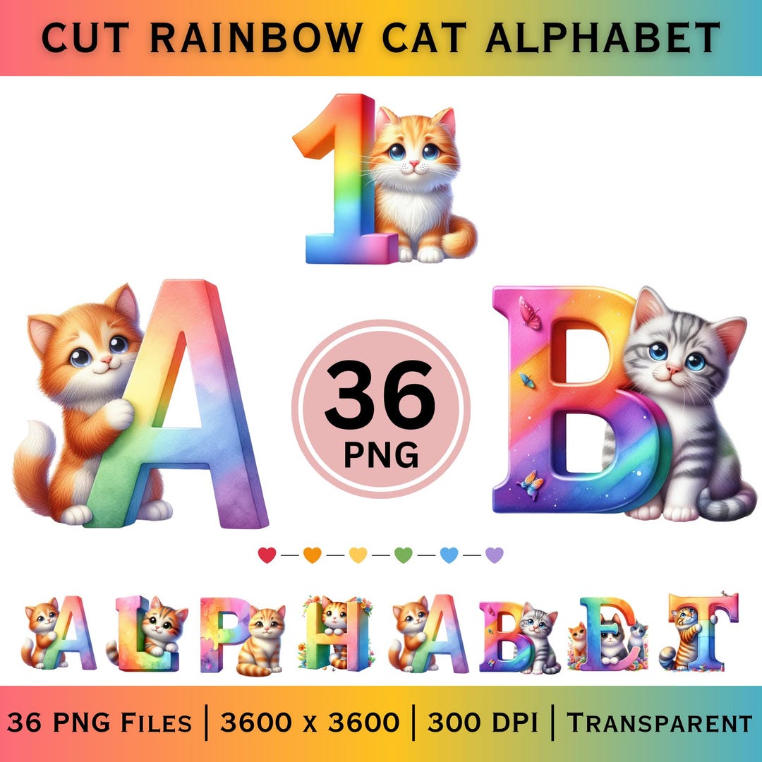 Cat Alphabet PNG A to Z | Kids Printable | Rainbow Sublimation Cricut ...