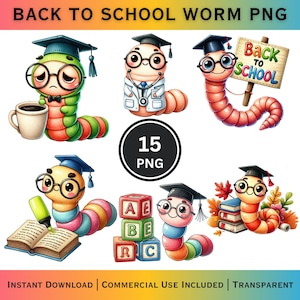 Könnte beinhalten: Eine Sammlung farbenfroher Cartoon-Würmer mit Abschlusskappen, Brillen und verschiedenen schulbezogenen Accessoires. Der Text "BACK TO SCHOOL WORM PNG" und "15 PNG" ist enthalten.