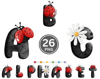 May include: A digital alphabet set featuring letters A, B, C, and others, each designed with a textured black appearance. The letters are adorned with ladybug and daisy accents. The image includes the text "GARDEN BUG ALPHABET" and "26 PNG FILES".