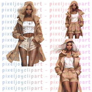 Luxury black woman fashion illustration designed with elegant neutral clothing, stylish shorts, and a soft beige trench coat. This fashion girl clipart PNG is ideal for social media templates, sublimation projects, printable wall decor, and feminine branding materials. A modern and confident aesthetic for creative projects.