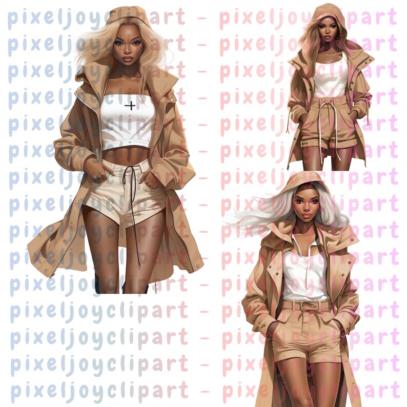 Luxury black woman fashion illustration designed with elegant neutral clothing, stylish shorts, and a soft beige trench coat. This fashion girl clipart PNG is ideal for social media templates, sublimation projects, printable wall decor, and feminine branding materials. A modern and confident aesthetic for creative projects.
