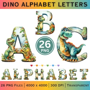 May include: Digital alphabet letters featuring dinosaurs. The letters A, B, and C are shown with colorful dinosaur illustrations. The image includes the text "DINO ALPHABET LETTERS" and "26 PNG". The bottom of the image displays the word "ALPHABET" and other details.