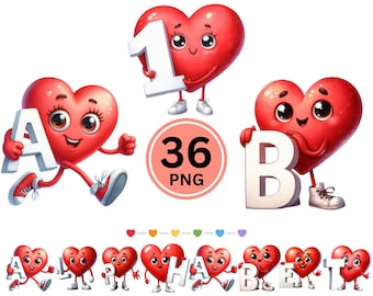 Liefdealfabetletters en cijfers PNG A–Z 0–9 hartletterset