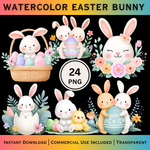 May include: Watercolor illustrations of Easter bunnies, eggs, and flowers. The image includes a bunny in a basket with eggs, bunnies holding an egg, and a bunny emerging from an egg. The text reads "WATERCOLOR EASTER BUNNY" and "24 PNG".