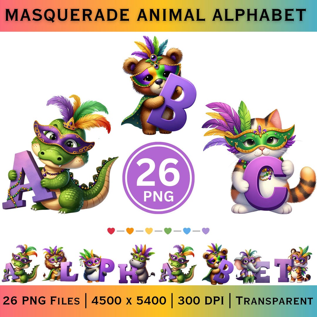 Masquerade Animal Alphabet PNG A to Z | Fantasy Letter Clipart | Kids ...