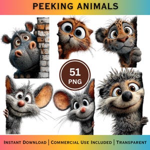 Peut inclure: Graphique numérique avec six animaux de dessin animé regardant par-dessus des objets. Les animaux comprennent un hippopotame, un chat, un léopard, une souris et un hérisson. Le texte "PEEKING ANIMALS" et "51 PNG" est inclus.
