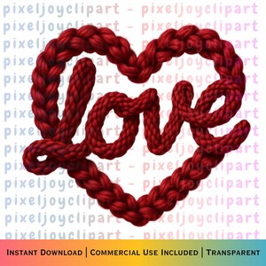 May include: A red knitted heart with the word "love" in a matching font. The design is on a white background. The image is a digital graphic, suitable for various creative projects.