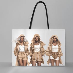 Elegant black woman fashion PNG featuring a modern luxury outfit with beige shorts, layered jacket styling, and neutral fashion tones. This high resolution clipart is great for sublimation, planner graphics, boutique visuals, and branding projects. A sophisticated feminine design with fashionable details.