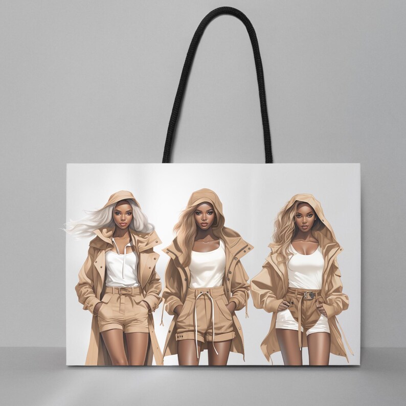 Elegant black woman fashion PNG featuring a modern luxury outfit with beige shorts, layered jacket styling, and neutral fashion tones. This high resolution clipart is great for sublimation, planner graphics, boutique visuals, and branding projects. A sophisticated feminine design with fashionable details.
