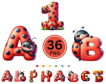 Red Ladybug Alphabet PNG Clipart, Numbers, Kids Sublimation Files (Digital Download)