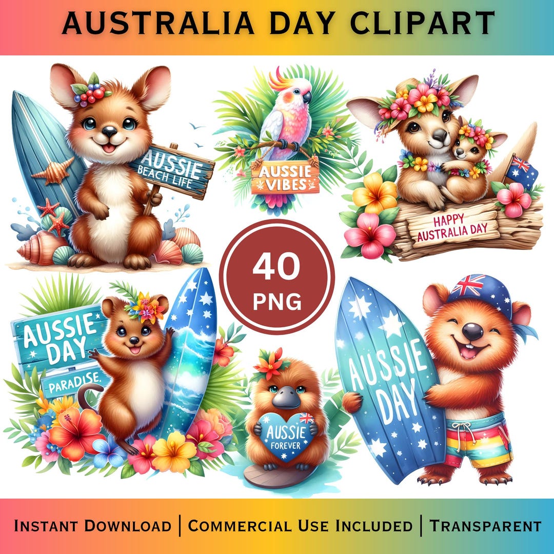 Australia Day Clipart Bundle, Watercolor Aussie Animals, Summer Beach ...